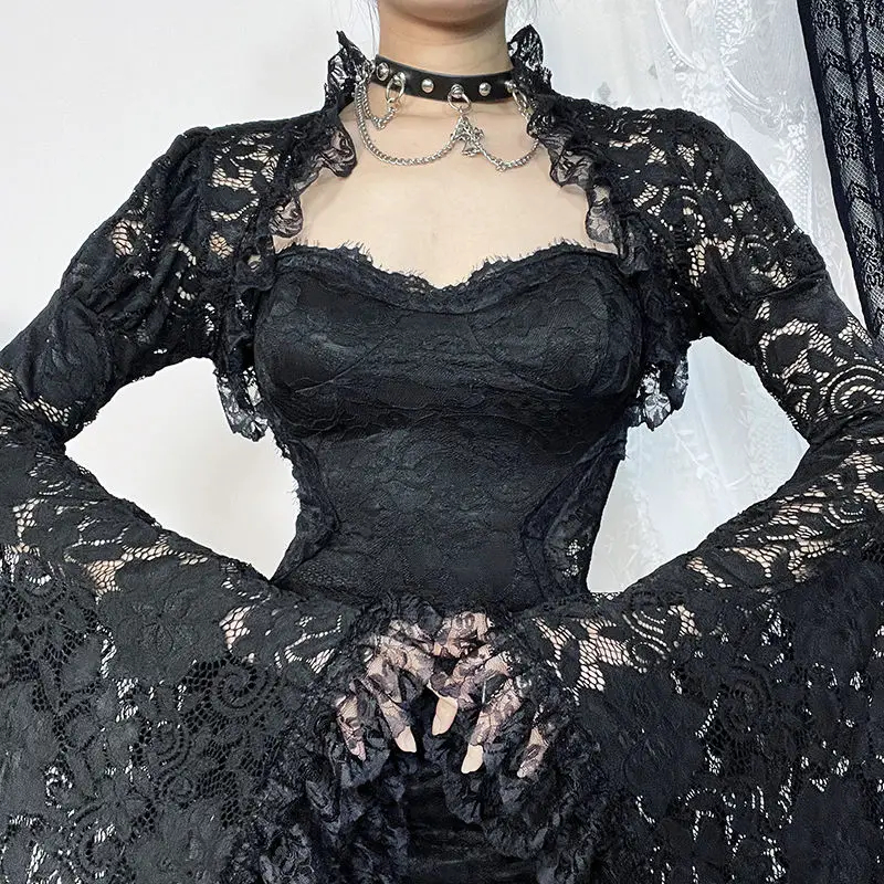 Gothic Y2k Lolita Flared Long Sleeve Coat Lace High-end Design Cropped Tops Cover-up Outerwear Black Women Clothing Vintage New