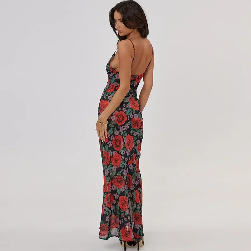 Floral Print Sexy Sleeveless V Neck Party Club Maxi Dresses Outfits for Women Summer Backless Bodycon Y2K Beach Dress Sundress