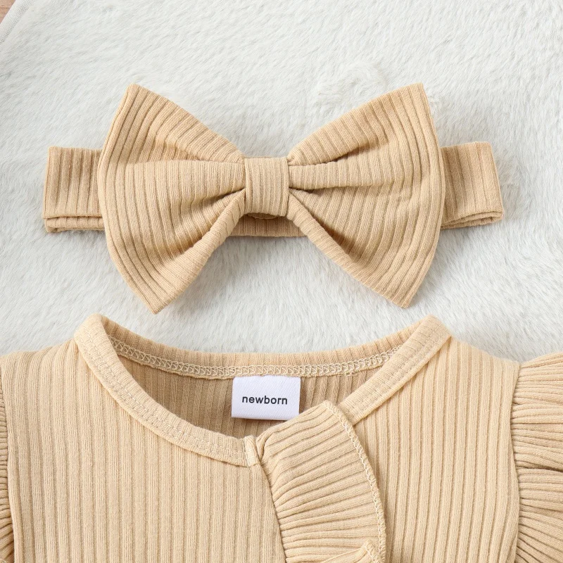 2Pcs Baby Clothes Long Sleeve Ruffle Decor Romper+Headband Autumn Infant Cotton Soft High Quality One-Piece Set Newborn Gift D2L