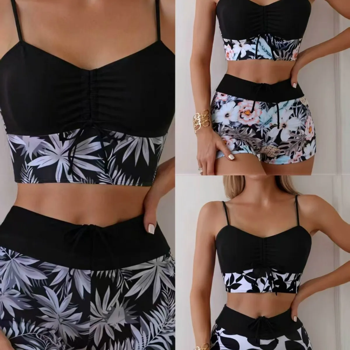 Women Sexy 2 Piece Swimsuit Splice Spaghetti Strap Printed Tankini with Boy Shorts Modest Beach Bathing Suit for Vacation