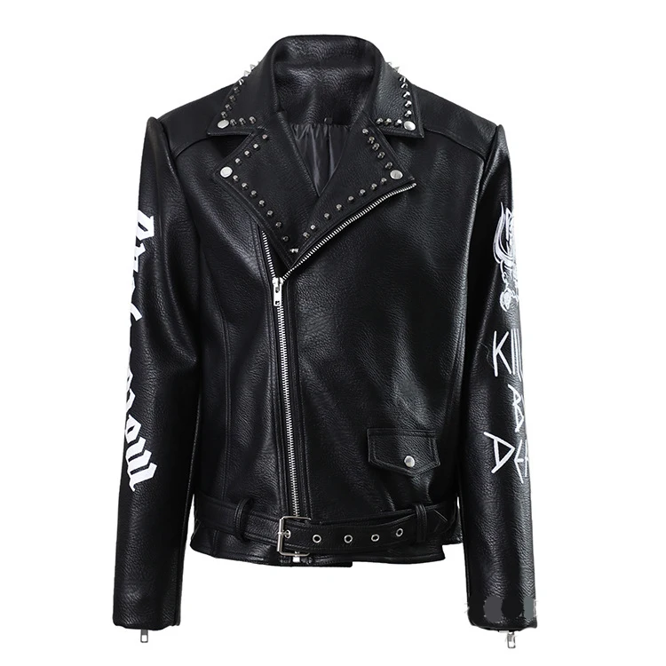 Motorcycle Jacket Long Rivet Men's Punk Leather Jacket PU Material  Rock Jacket Graffiti Biker Clothes Wear Resistant S-XXXL