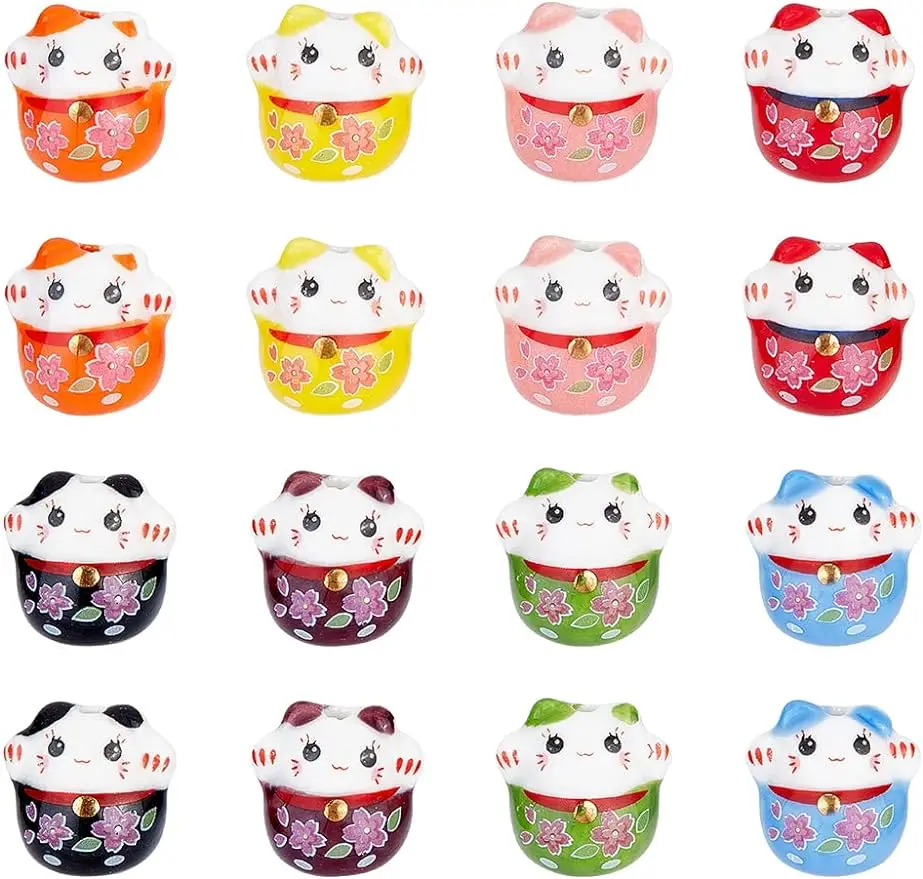 

16Pcs 8Colors Lucky Cat Ceramic Beads Maneki Neko Spacer Beads Handmade Ceramic Loose Beads Fortune Cat Porcelain Bead