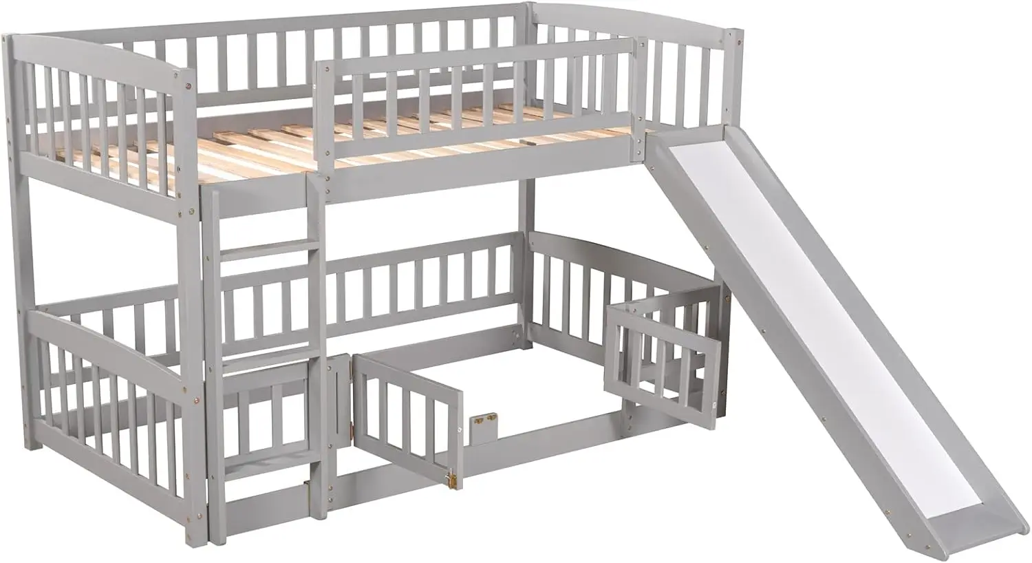 Low Bunk Bed with Slide Twin Over Twin Bunk Beds for Kids Toddlers, Wood Floor Beds Frame with Rails for Boys Girls Teens, Gray