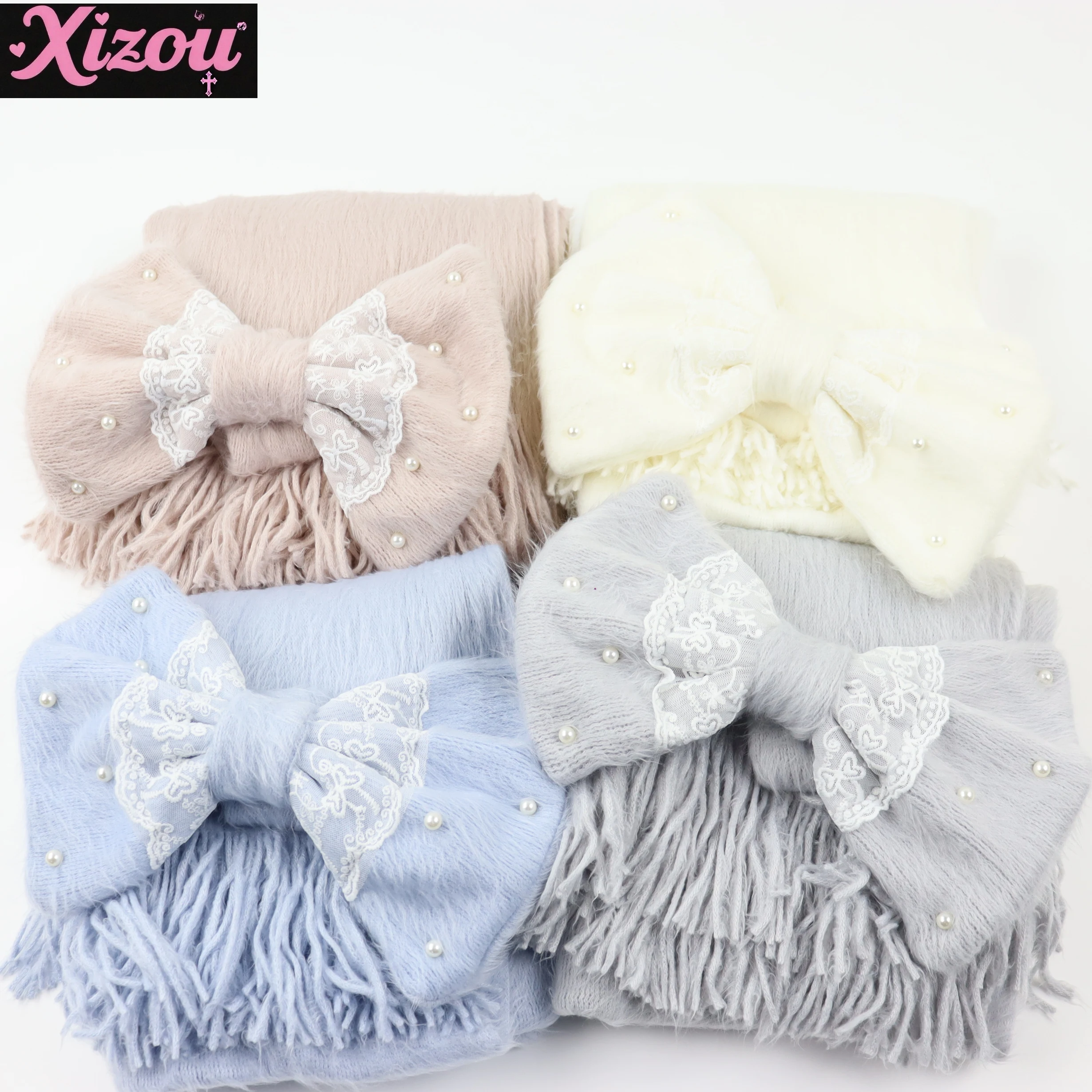 

Японский милый милый вязаный шарф с бантом в стиле Лолиты, зимний теплый однотонный однотонный утолщенный теплый женский шарф двойного назначения