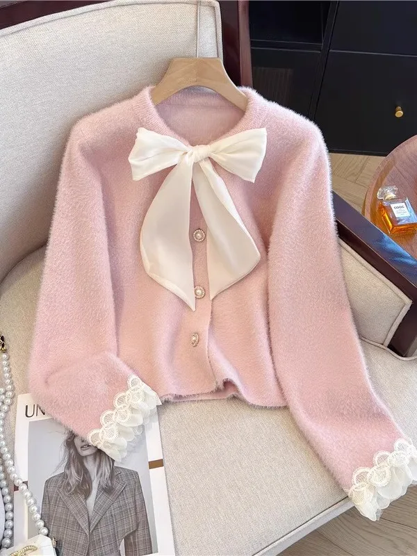 

Sweet Knot Pink Knitted Sweater Women's Loose Autumn Winter Beautiful Top Lace Splice Knitted Open Cardigan
