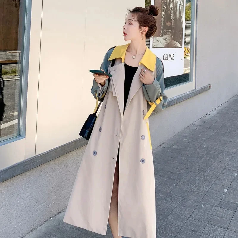 

Spring Autumn Women Patchwork Colour Trench Coat X-long Outerwear Belt Slim Windbreaker Elegant Lady Double-breasted Overcoat