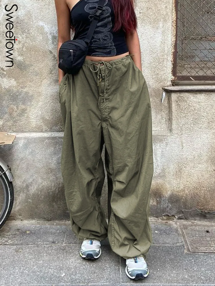 Sweetown lässig baggy weites Bein Jogging hose weiß lose Kordel zug niedrige Taille Streetwear Cargo hose Damen Hippie Jogger Hose