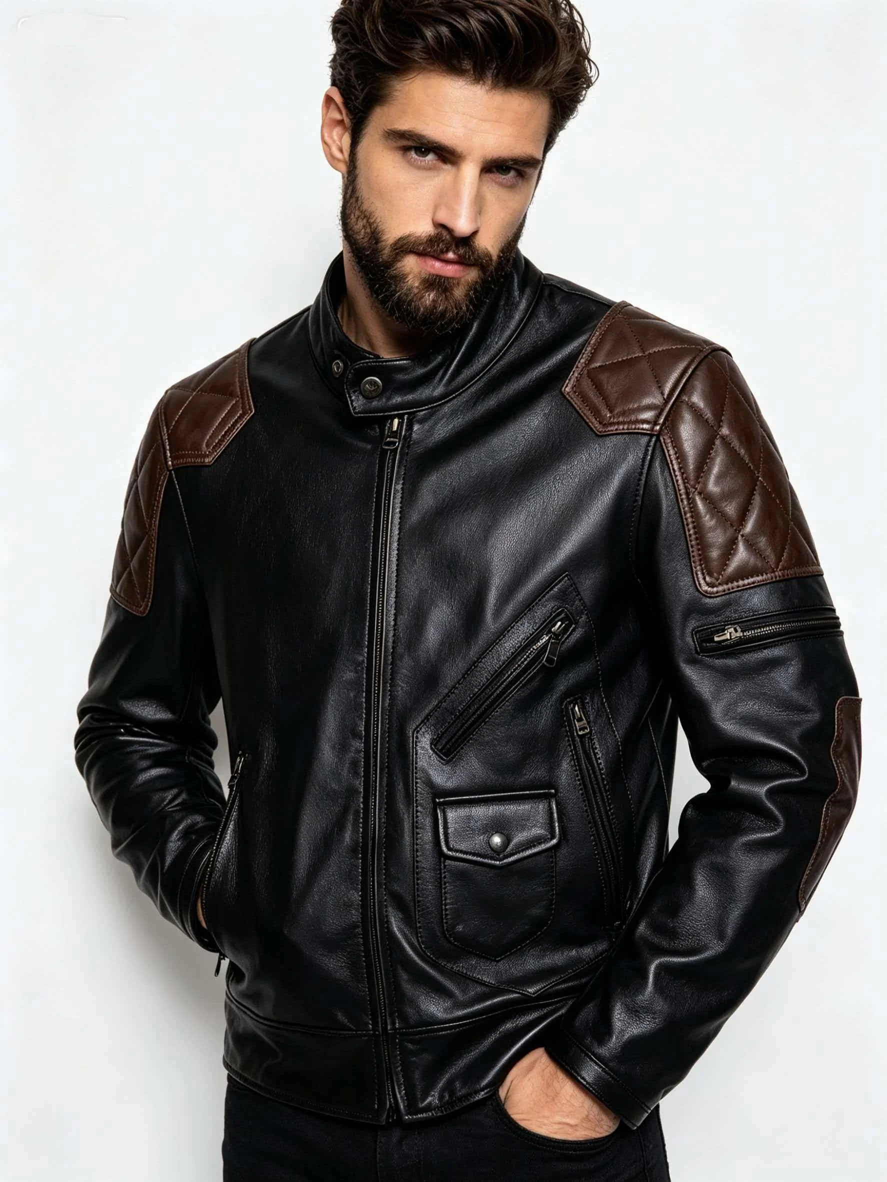 Men's Genuine Leather Biker Jacket | Black Brown Contrast Diamond Quilted Shoulder Multi-Pocket Motorcycle