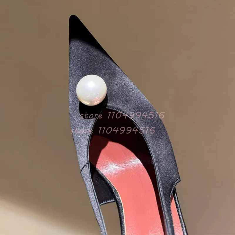 White Satin Pearls Pointed Toe Stiletto Sandals Women Black Back Strap Slingback High Heels Luxury Party Wedding Ladies Shoes