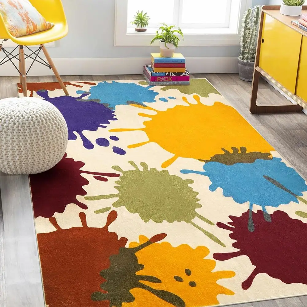 

Vibrant 5x7 Kids' Area Rug, Washable Paint Splash Playroom Mat, Non-Slip Rainbow Nursery Carpet for Living & Dining Rooms