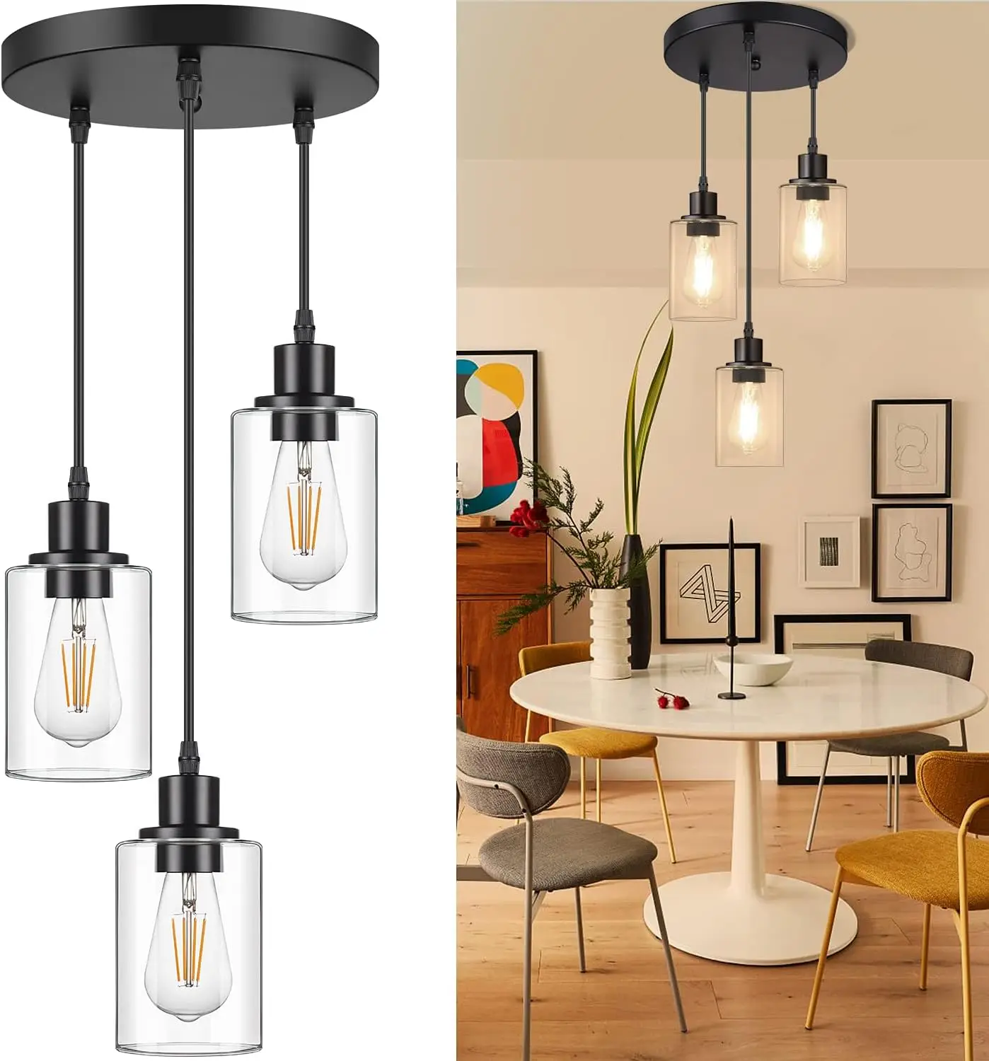 

3-Light Adjustable Pendant Light, Black with Clear Glass Shade, E26 Base, Industrial Hanging Lamp