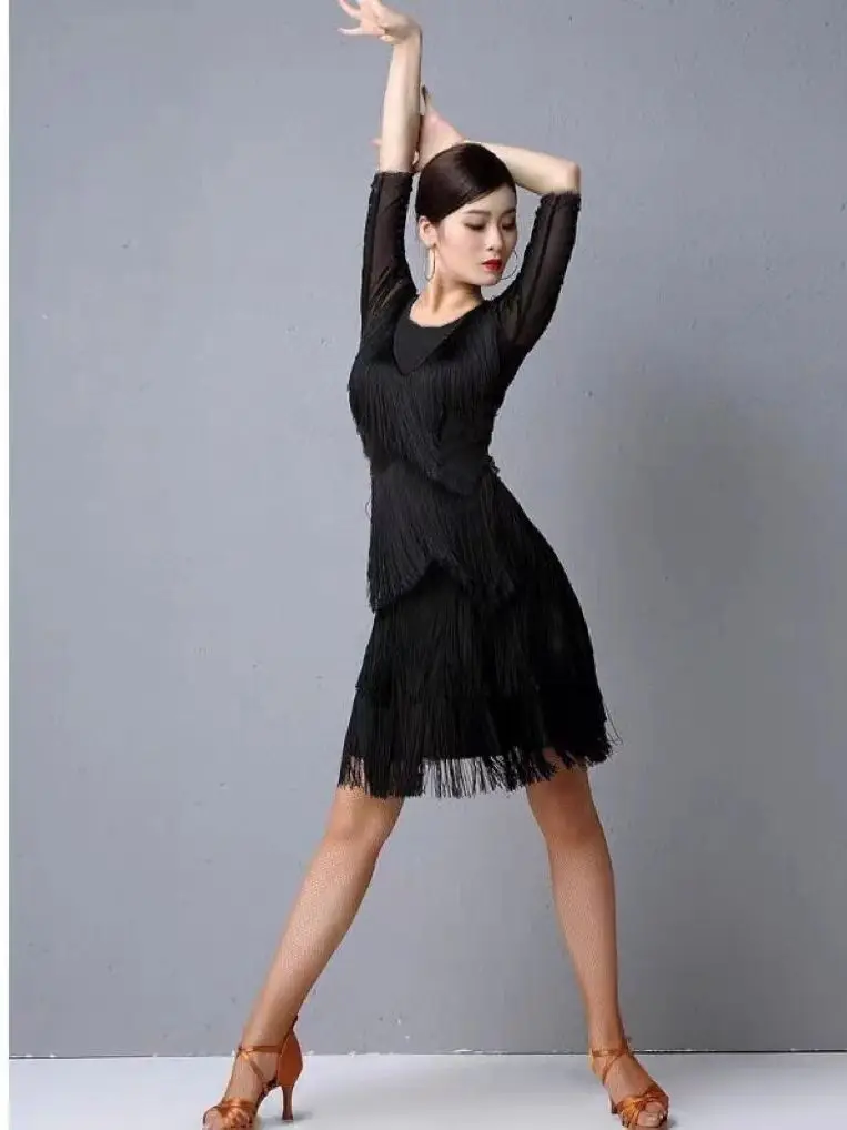 Latin Dance Rok Dames Volwassen Lange Kwast Jurk Danskleding Grote Swing Rok Fishtail Rok Bottoms Performance Wear
