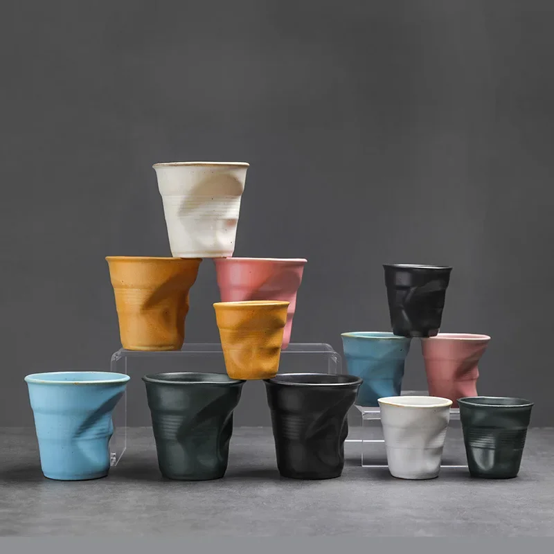 Handmade Ceramic Coffee Mug Rustic Stoneware Cup Wrinkled Design for Latte Espresso Vintage Afternoon Tea
