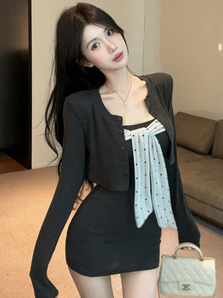 

Sexy Polka Dot Bandeau Strap Wrap Bodycon Short Dress Grey Slim Fit Open Cardigan Outerwear Two Piece Set for Young Women