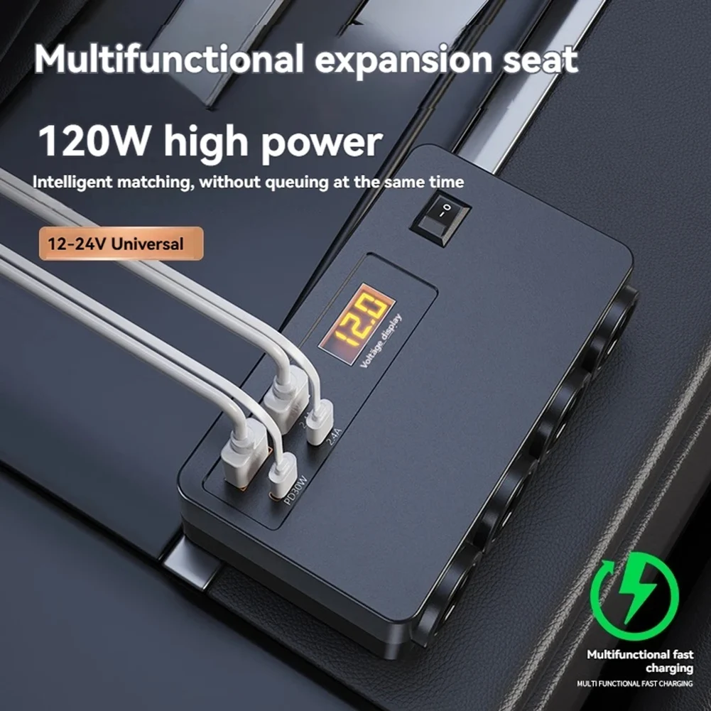 120W Vehicle Charger For Car Voltage Display Automobile Charger 12V Voltage Fast Charging Socket ABS Flame Retardant Material