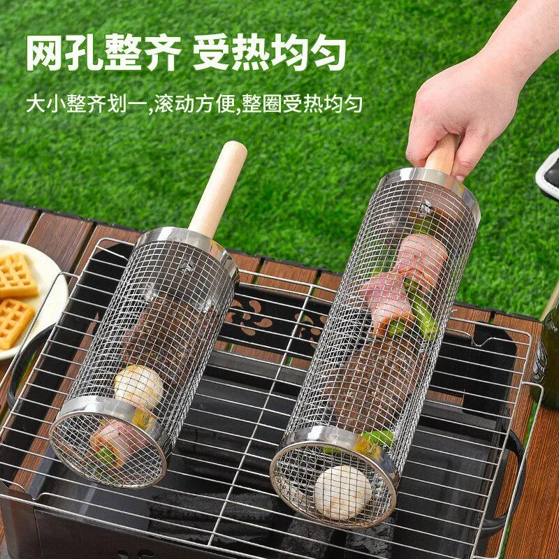 Stainless Steel Rolling BBQ Grill Cage Portable Rotatable Barbecue Mesh Upgraded Roast Basket For Outdoor Camping Picnic