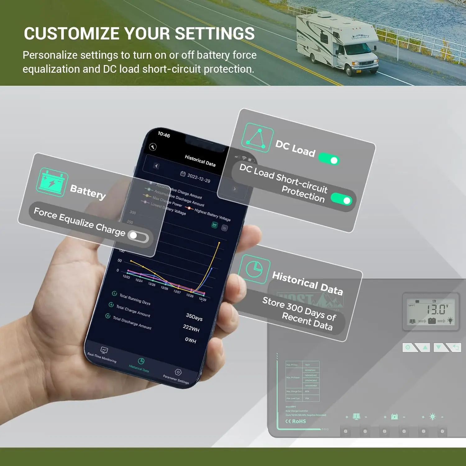 60 Amp MPPT Solar Charge Controller Built-in Bluetooth and Lithium Battery Temperature Protection Function, Support Two