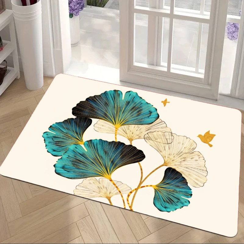 Oriental Blue Ginkgo Leaf Doormat White Botanical Print Non Slip Entry Rug For Entryway Hallway And Zen Home Decor