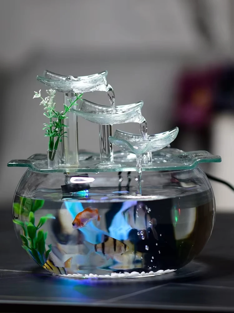 

Creative desktop small glass household fish tank water dispenser fountain living room decoration decorations