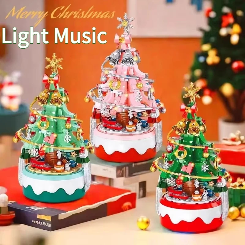 418PCS Christmas Tree Mini Blocks Rotating Music Box Light Ornaments Boys And Girls Christmas Birthday Gift Toys for Childrens