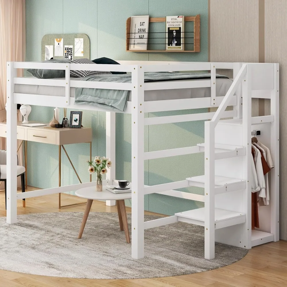 

Full Loft Bed, Loft Bed Full Size with Storage Staircase and Wardrobe for Clothes, Wooden High Lofts Beds Frame for Kids