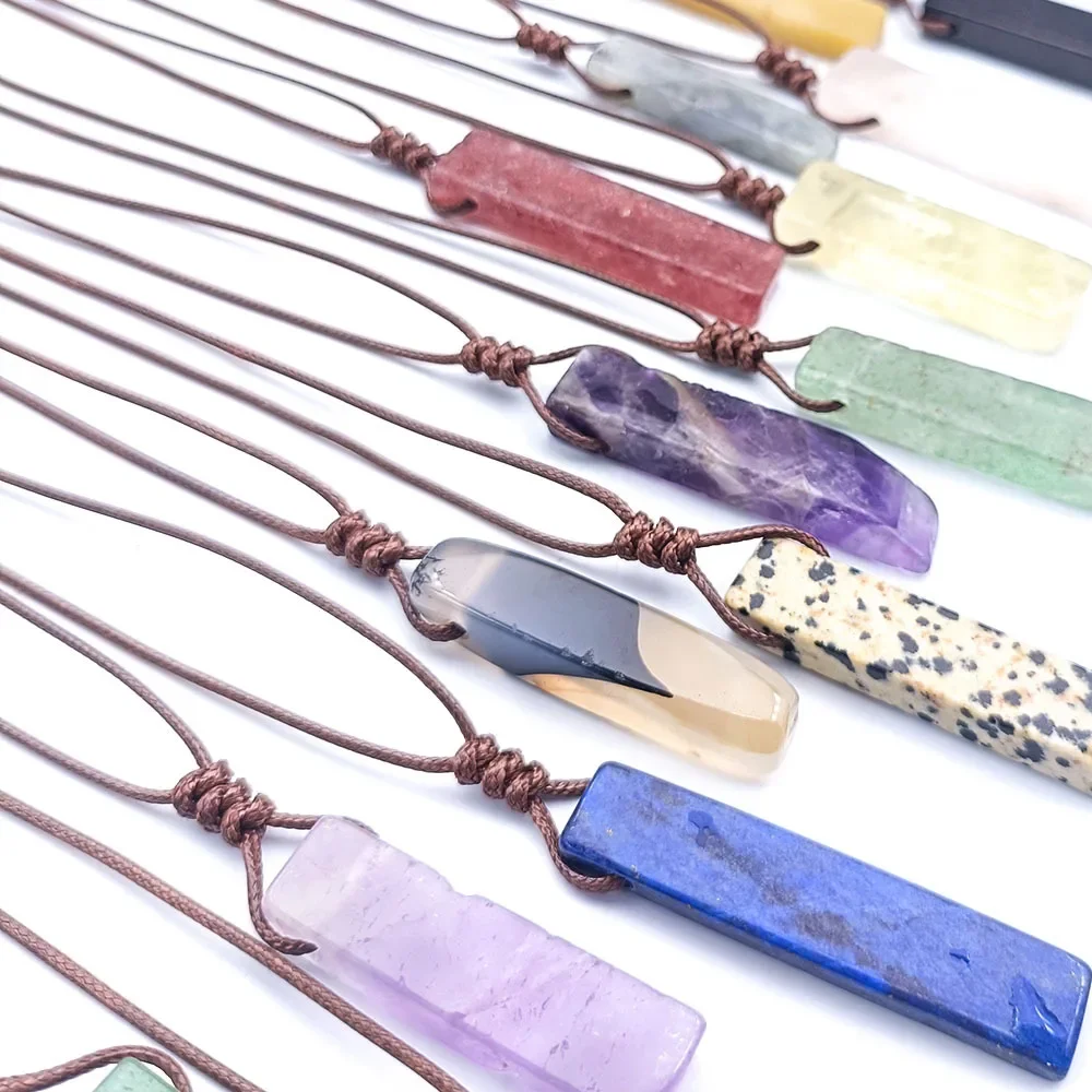 Brown Rope Woven Irregular Agates Strips Stone Pendant Healing Crystal Quartz Pillar Necklace Jewelry Women Men