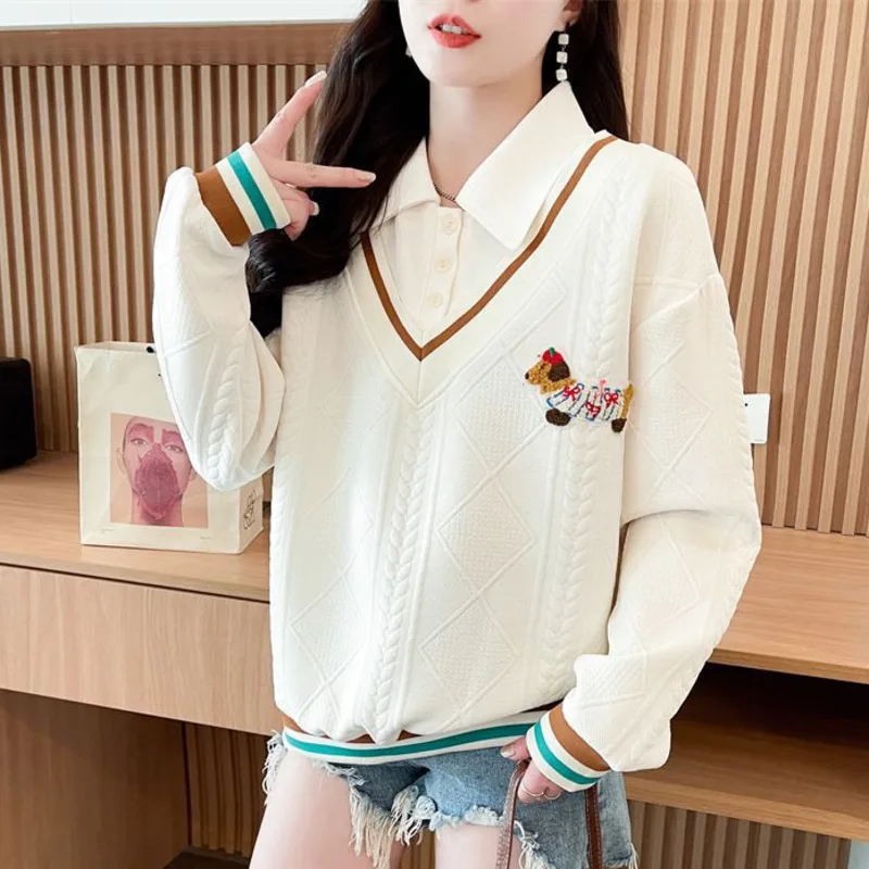 2025 New Spring Women Hoodies Fake 2 Pieces School Style Pullover Cartoon Dog Flocking Sweatshirt All-Matching Patchwork Clothes