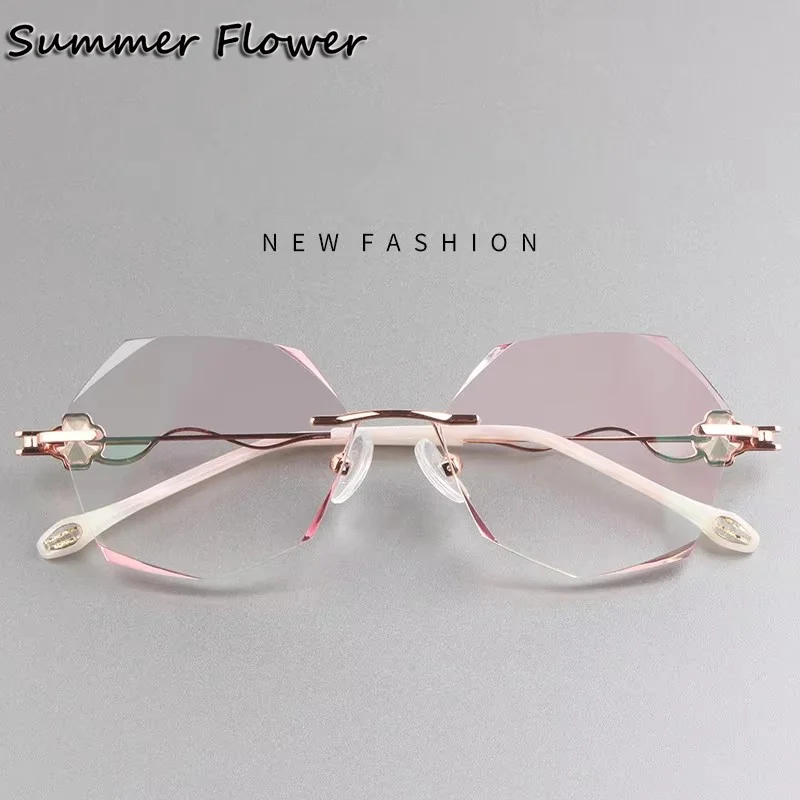 

Round Optical Glasses Rimless Titanium Spectacles Fashion Eyeglasses Frame Women Luxury Diamond Trimmed for Myopia Recipe Lenses
