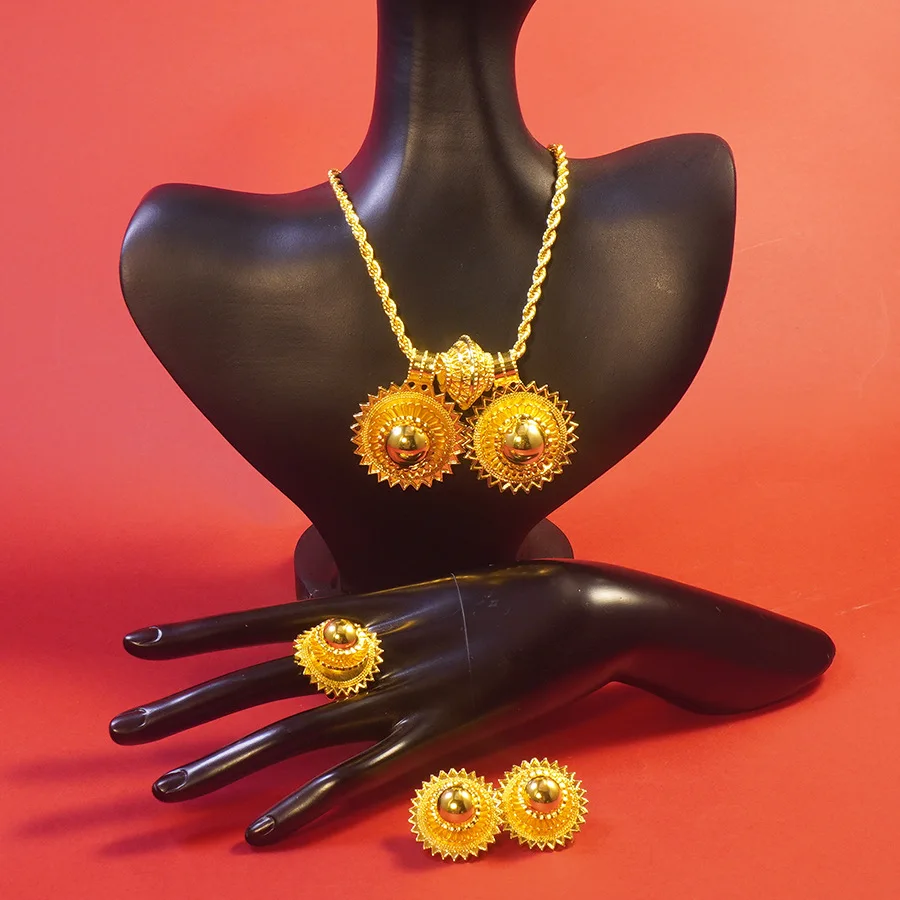 9999 gold Middle East earrings, rings, bracelets, double pendant necklace set - wedding gift, factory wholesale