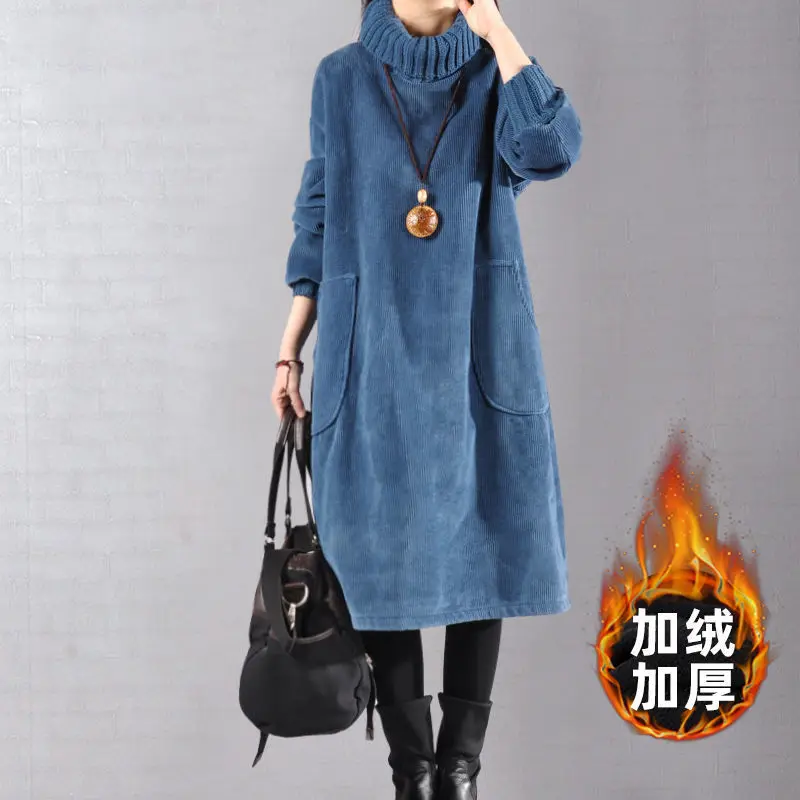 

Retro Mid-Length Corduroy Dress Maxi Dresses for Women Wool Lining Warm Long Sleeve Dress High Neck A-Line Autumn Winter Dress