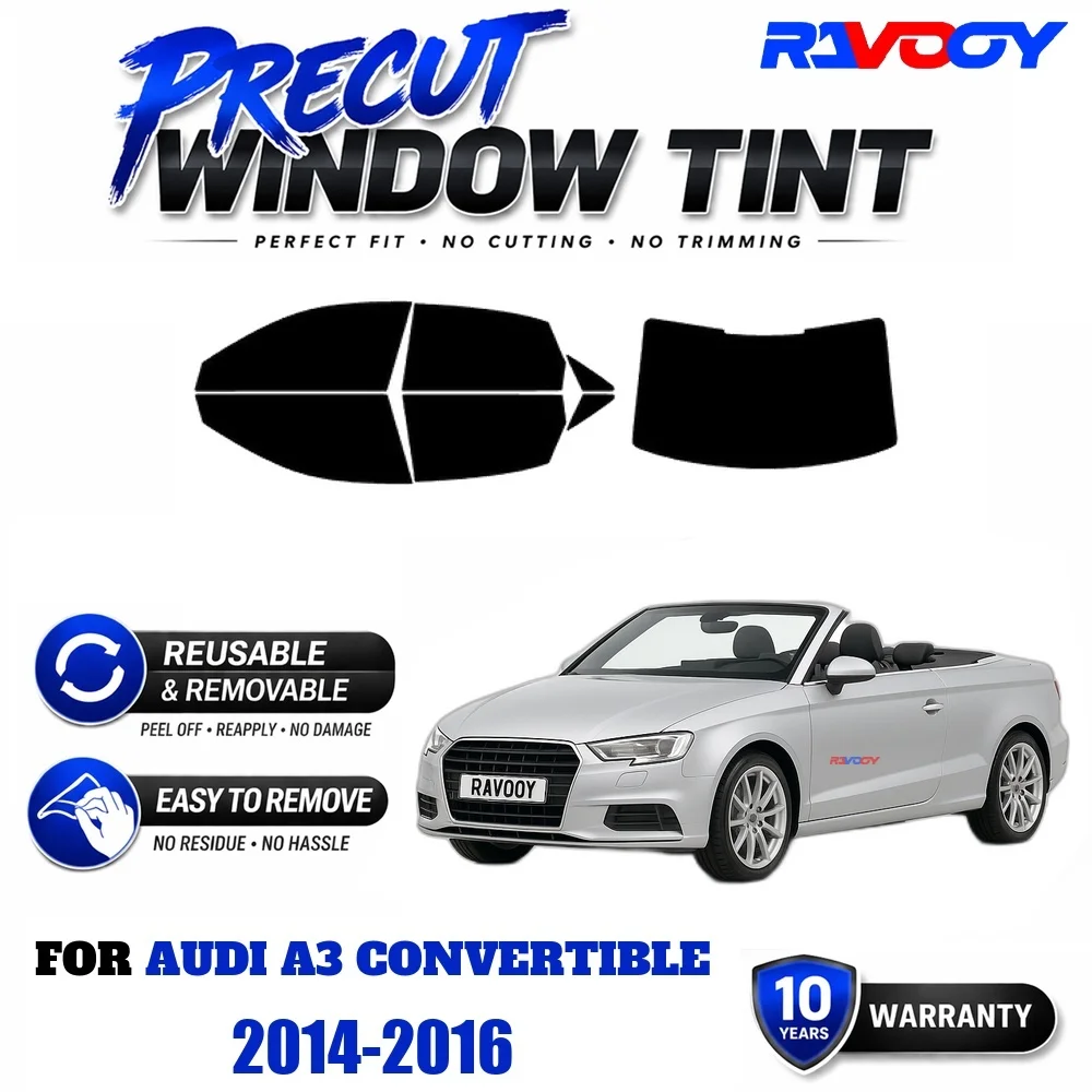 RAVOOY Precut Window Tint, Reusable Removable EPU Film, Custom Fit for Audi A3 Convertible 2014-2016, UV Heat Protection