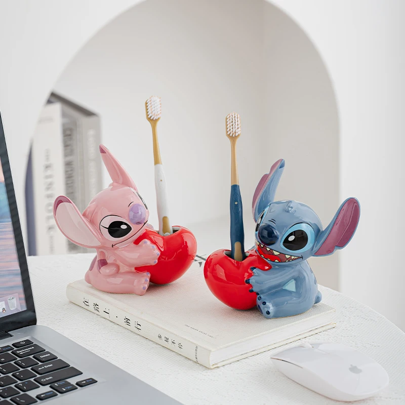 Soporte para cepillo de dientes de cerámica con dibujos de Ángel de Disney Stitch, soporte creativo para cepillo de dientes Kawaii, adorno de mesa, regalos de vacaciones