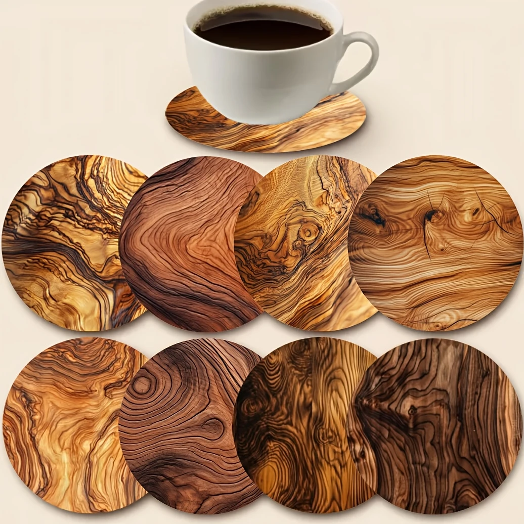 2D Flat 8pcs Elegant Wooden Coaster Handcrafted Wood Grain Design with Swirl Patterns - Perfect for Coffee, Tea, Home, Bar Decor