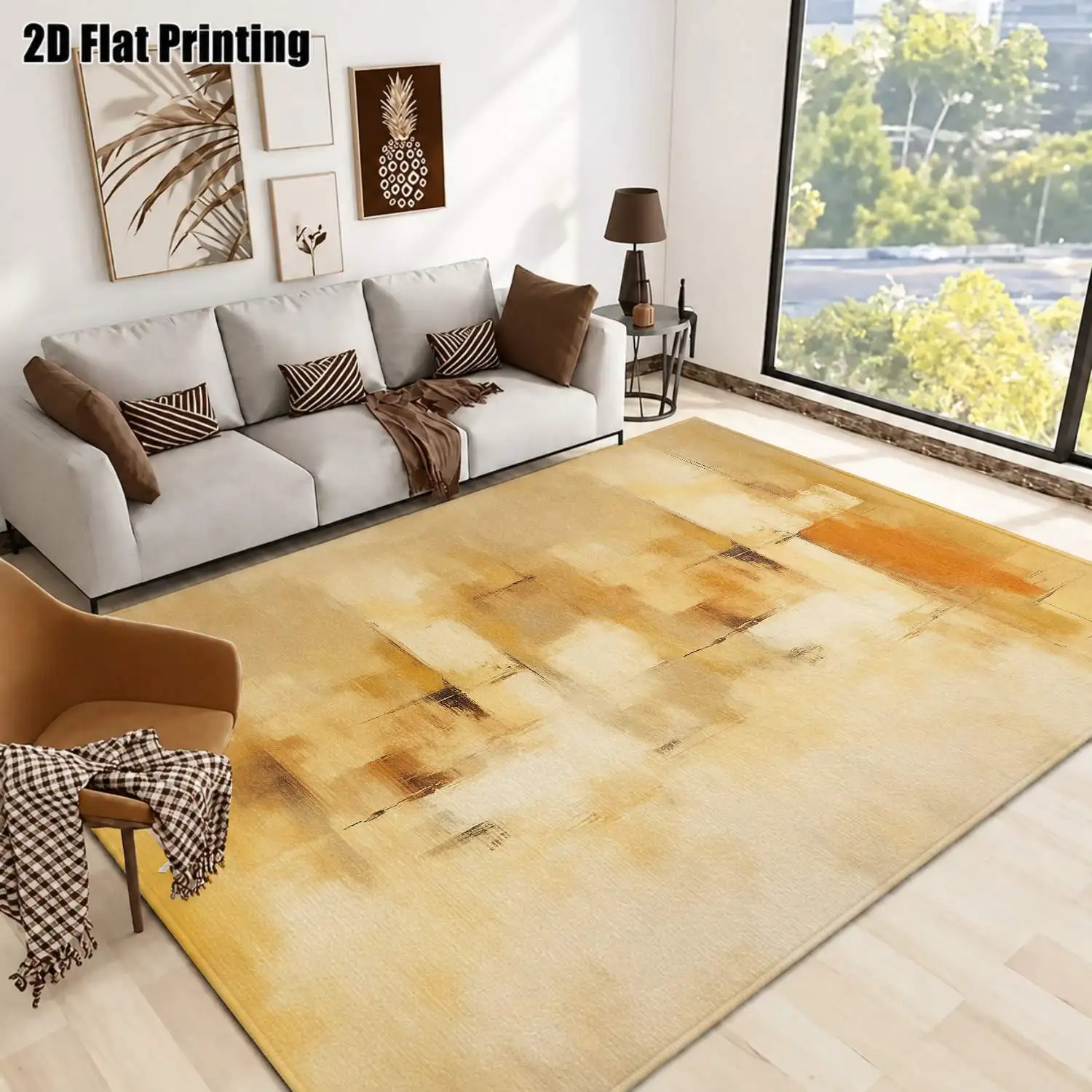 1Pc 2D Printed Carpet: Warm Yellow Abstract Geometric Patterns, Modern Minimalist, Nordic/Instagram Style, Vintage Geometric Striped, Machine Washable, Multi-Size, Suitable for Home Decor Such as Entryway, Dining Room, Foyer, Bedroom, Living Room