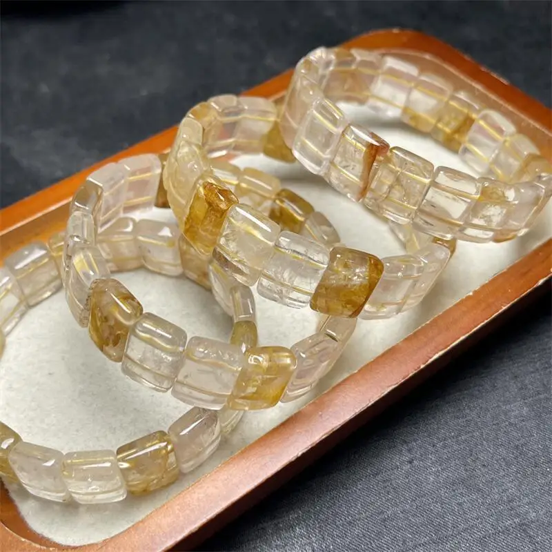 15X10MM Natural Yellow Fire Quartz Hematoid Bangle Crystal Yoga Reiki Healing Fengshui Stretch Female Holiday Gift 1PCS