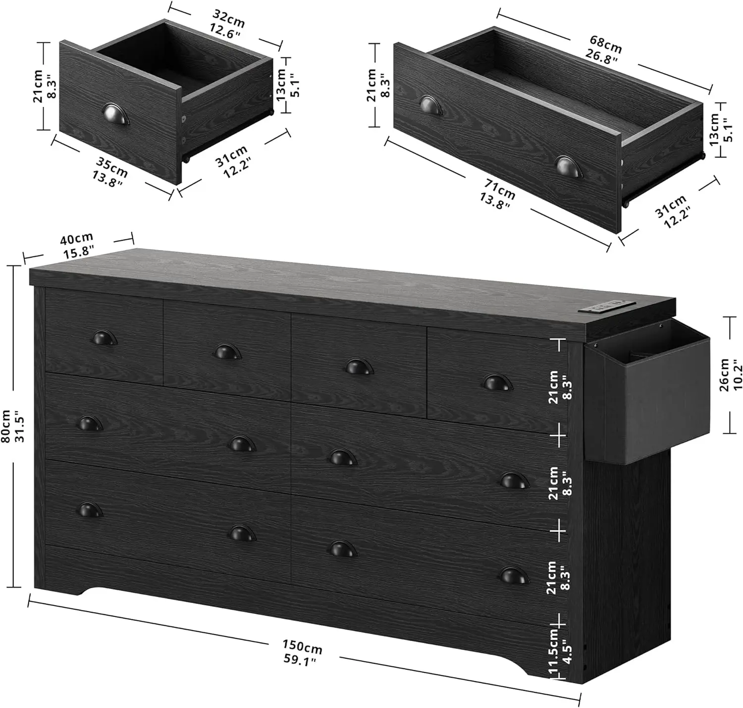 Comò 8 cassetti, comò moderno in legno per camera da letto con stazione di ricarica e borsa portaoggetti, cassettiera per soggiorno