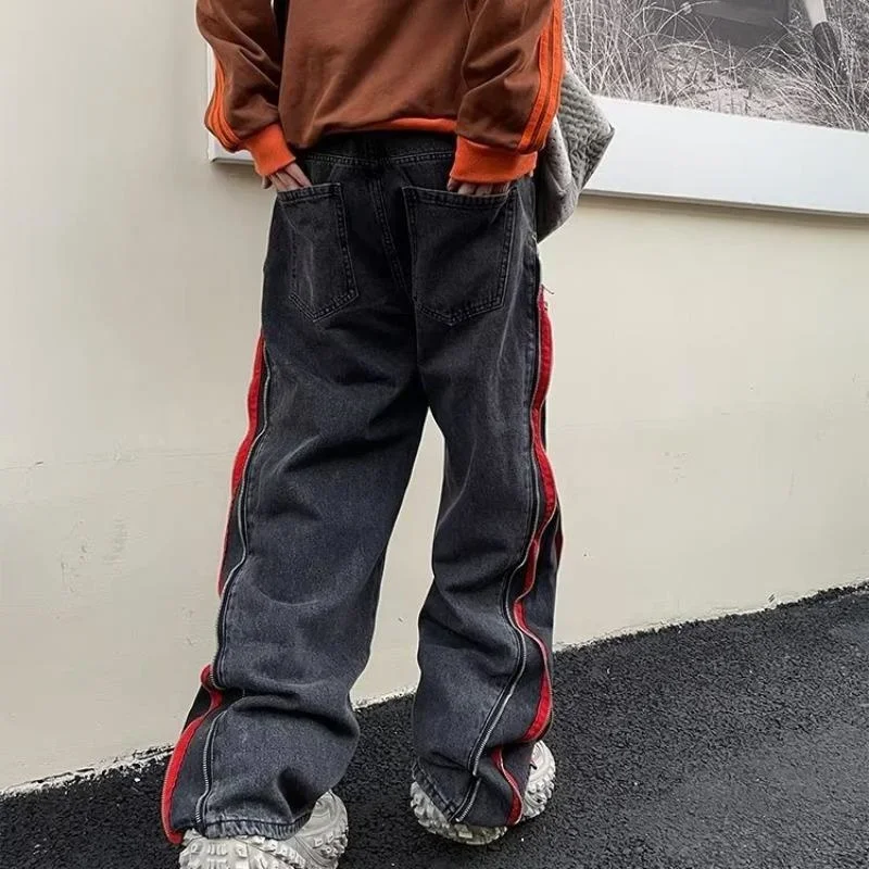 2023 Ribbon Double Zipper Edge Baggy Y2k Jeans Pants Men Harajuku Streetwear Wide Leg Loose Harem Denim Trousers for Man Autumn