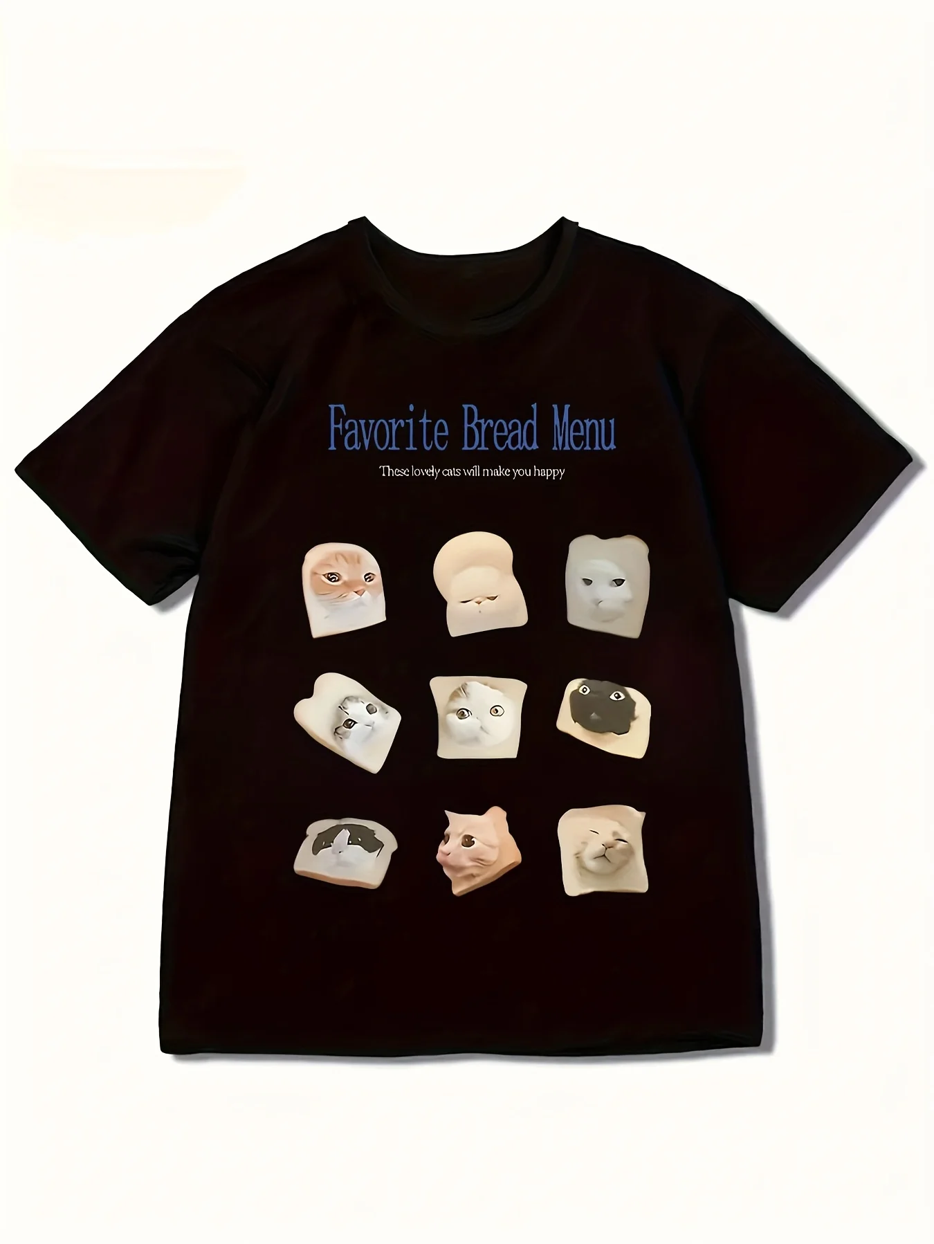 Camiseta de verano para mujer, de manga corta, holgada, negra, con estampado de rejilla de pan tostado, a la moda