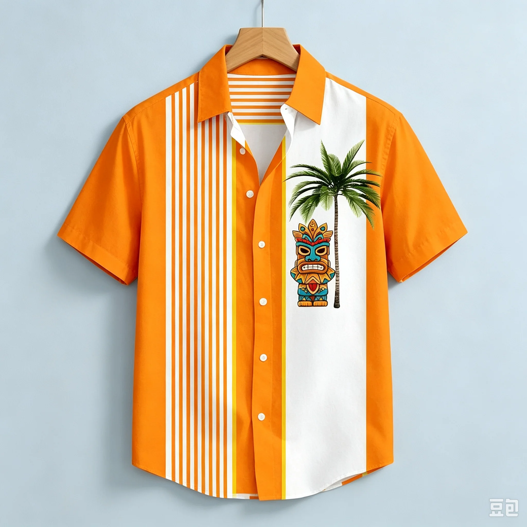 American Tropical Island Coconut Tree Vertical Print Men's Short Sleeved Beach Travel Loose Thin Shirt