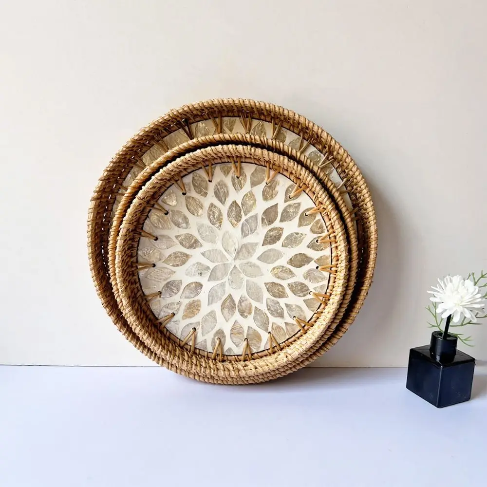 Creative Gift Shell Mosaic Round Woven Tray Home Decor Handmade Decorative Wall Plate Decorative Rattan Serving Tray