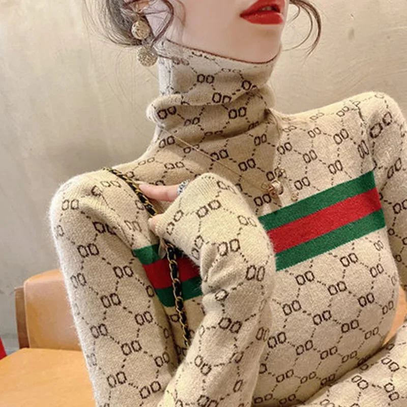 Autumn Winter Vintage Soft Elastic Striped Letter Jacquard Sweaters Women Slim Turtleneck Commute Warm Knitted Pullover