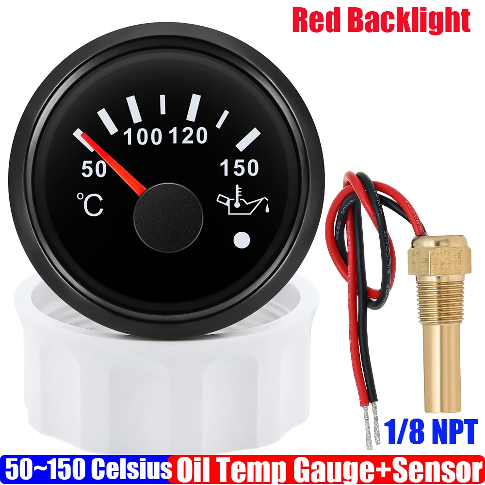 Red Backlight 52mm Oil Temperature Gauge with Flashing Alarm for Auto Car Marine 50~150 Celsius Oil Temp Meter Sensor 12V 24V