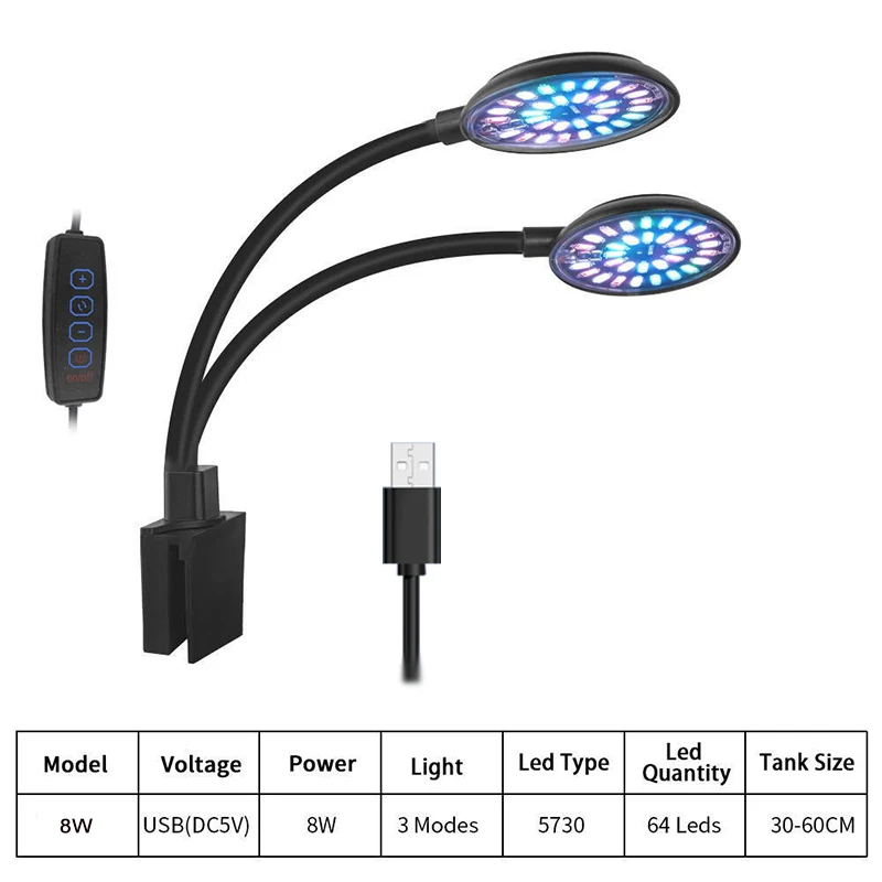 USB Aquarium LED Light Fish Tank Clip Lamp Full Spectrum Plant Grow Adjustable Brightness Dimmable 360° Rotatable Decor Light 8W