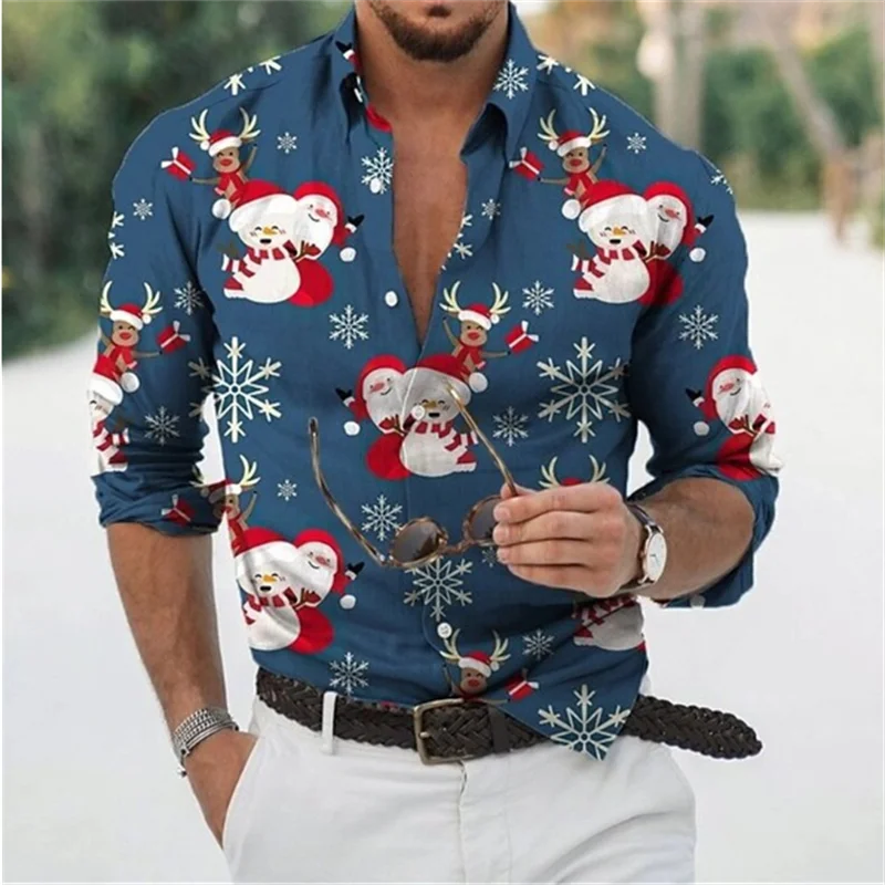 Fun Christmas Snowman Theme 3D Printed Men\'s Shirts Casual Long Sleeve Streetwear Tops Unisex Holiday Party Hawaiian Shirts