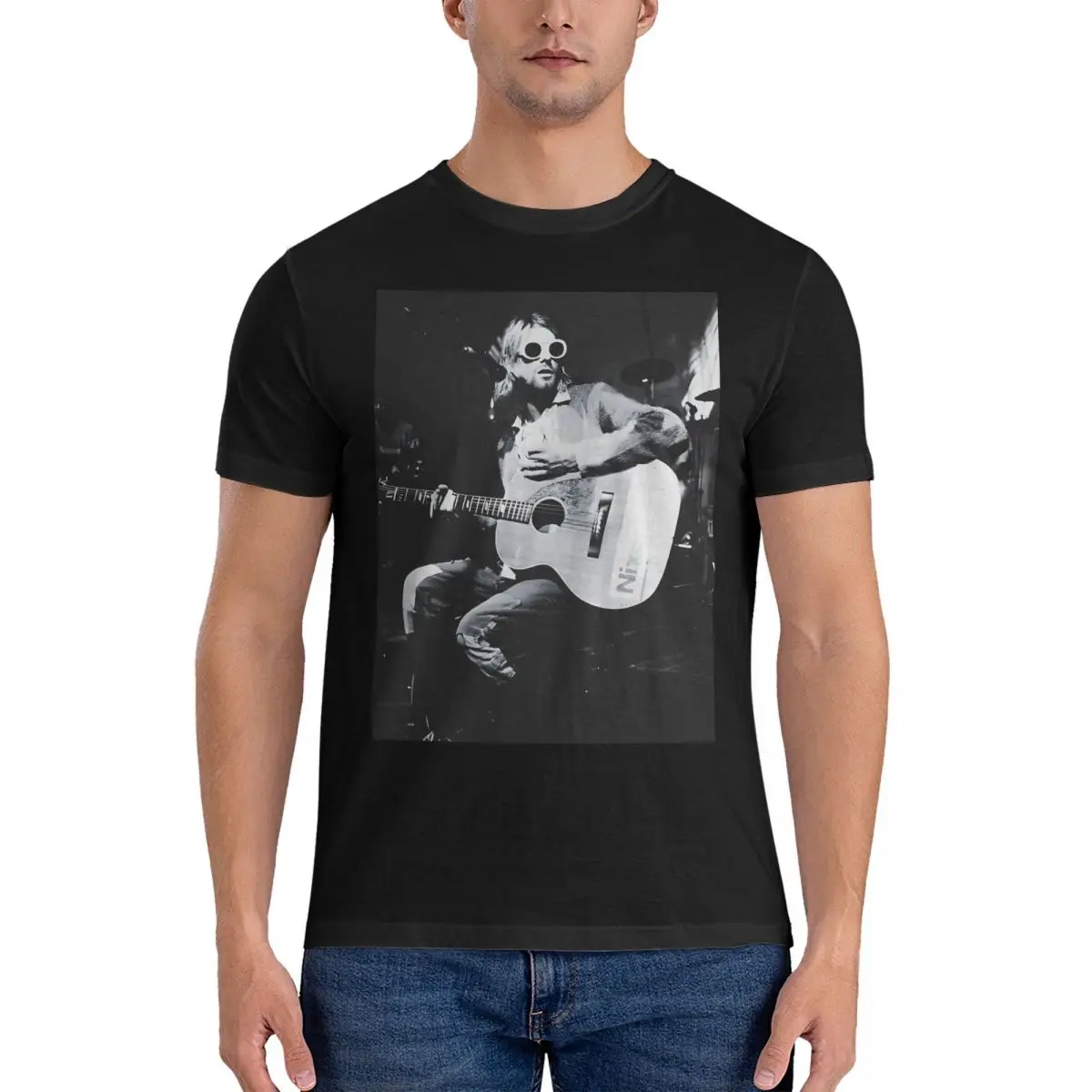 Memorable Vocalist Grunge Playing Guitar 80S 90S - Poster T-Shirt for Men Utero Casual Pure Cotton Tees Round Neck Short Sleeve