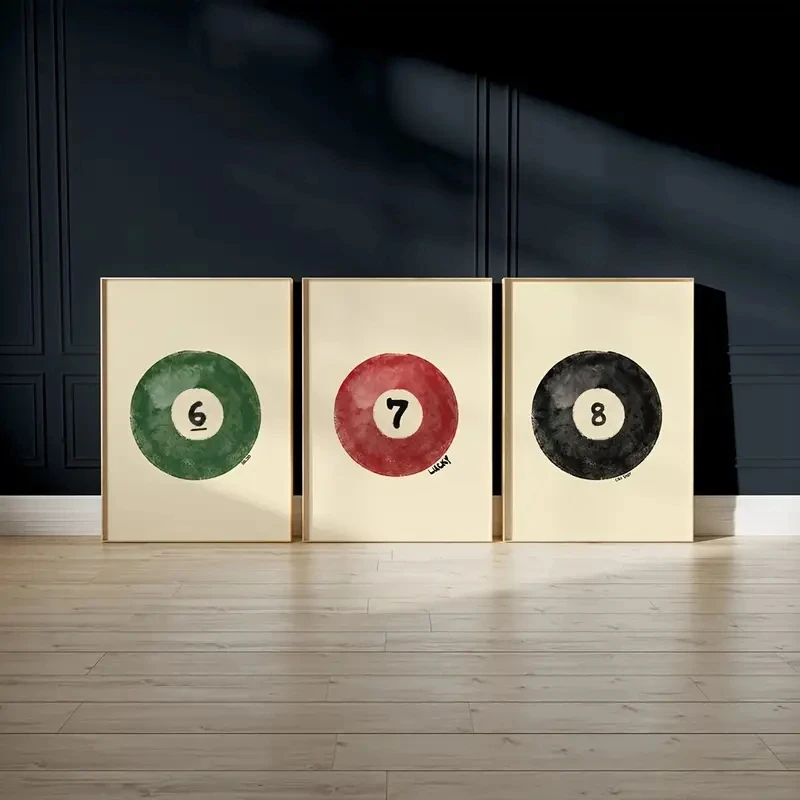 

Wall Art Canvas Poster Retro Billiards Hand painted Set of 3 Fashionable 6 7 8 ball Printed Game Room Home Decor Unframed
