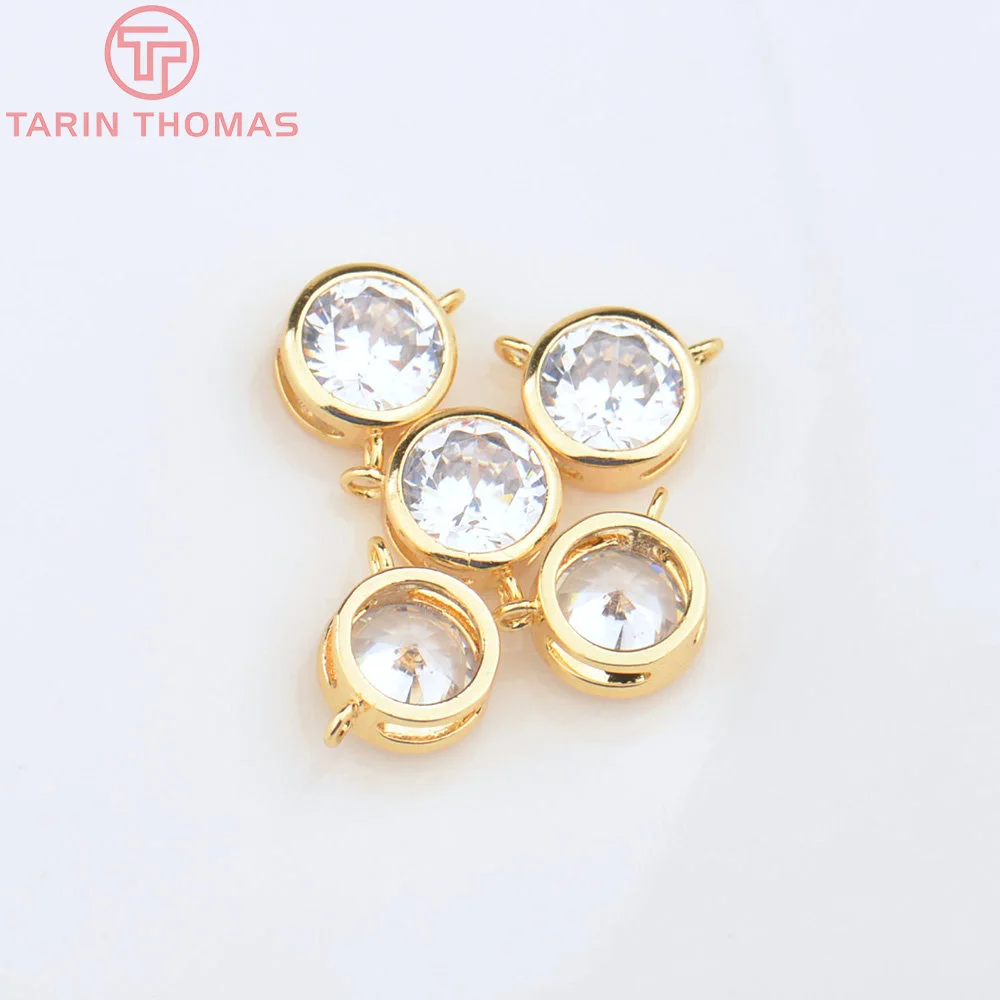 (4555)6PCS 7x4MM Hole 1MM 24K Gold Color Brass with Zircon Round Charms Pendants High Quality Diy Jewelry Findings Accessories