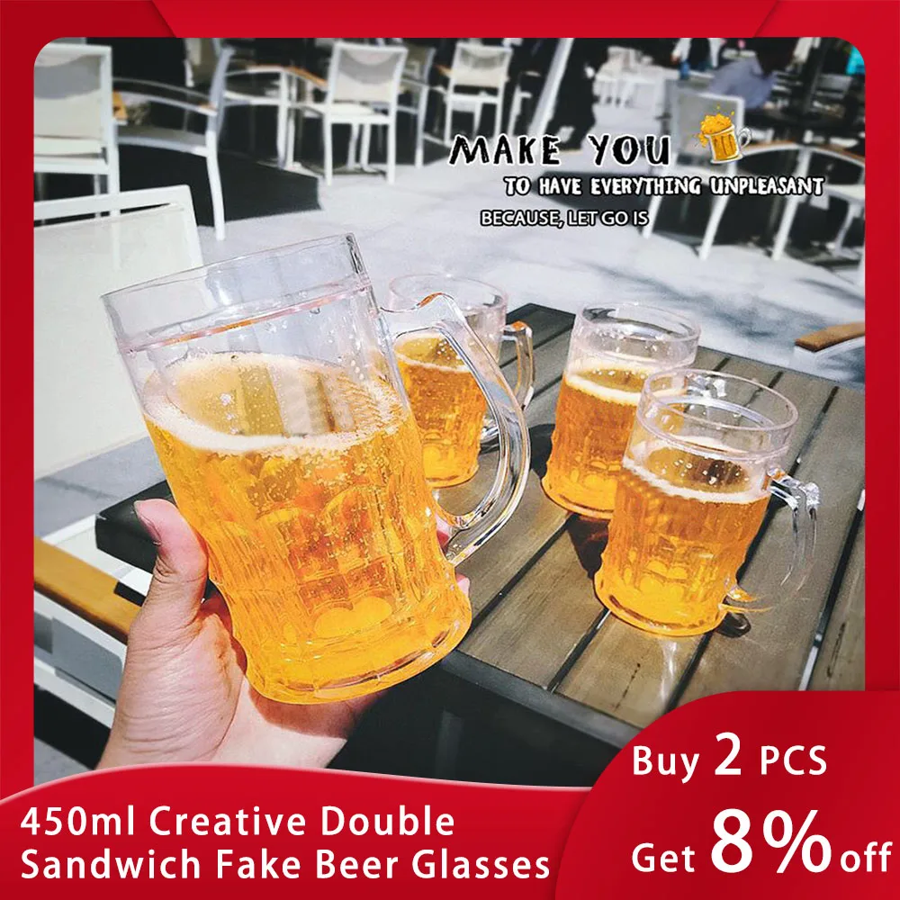 

Hand Held Clear Beer Mug Prank Supplies 450ml Creative Double Sandwich Summer Fake Beer Mug Funny Fake Beer Mugs