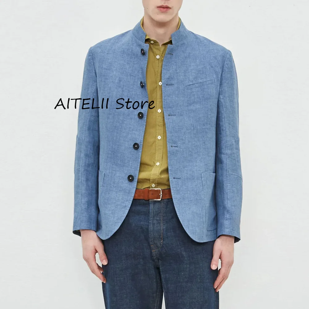 

Повседневный пиджак, мужская куртка с воротником-стойкой и квадратными карманами, однобортная льняная ткань, модные классические костюмы, блейзер