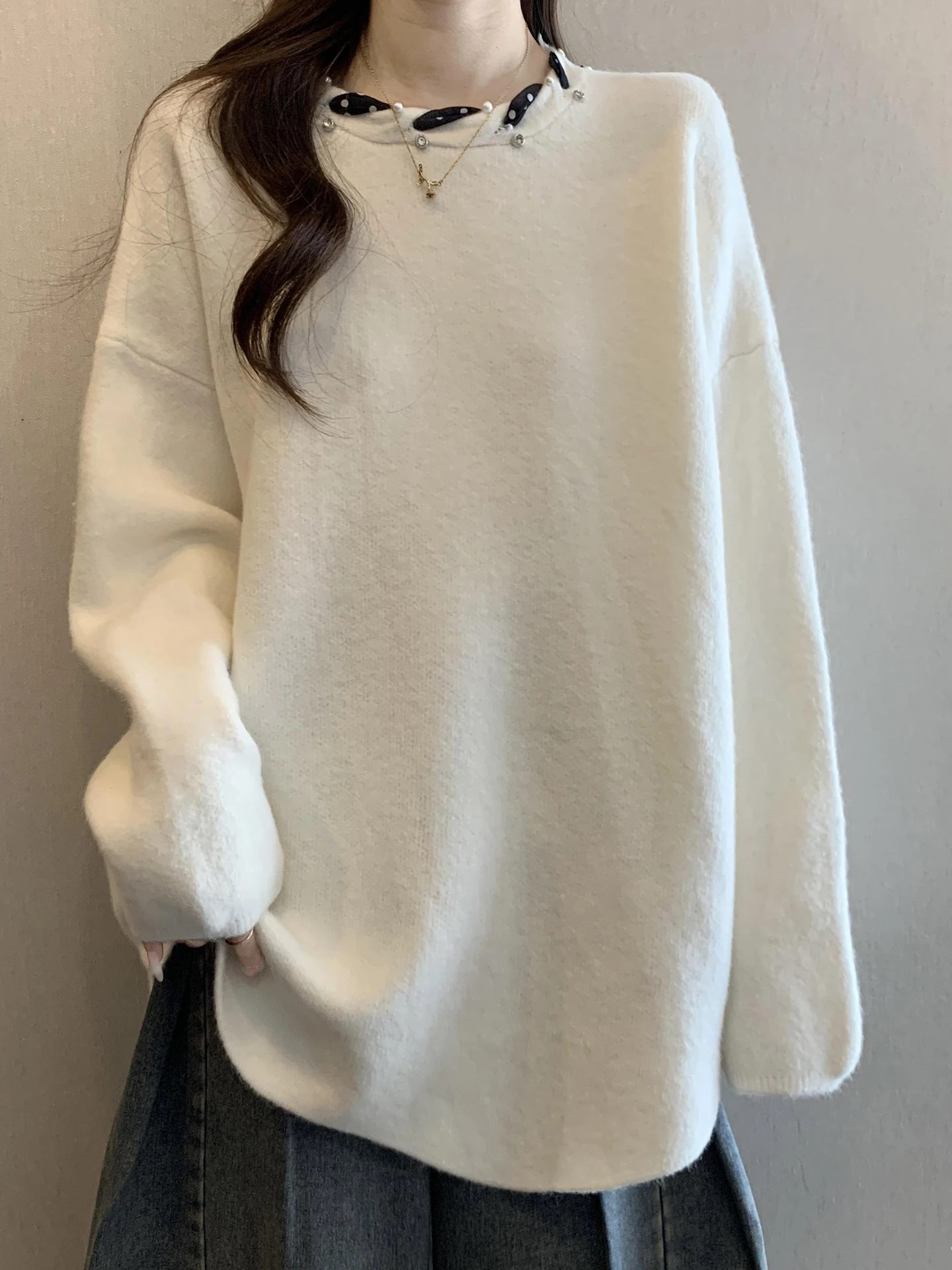 

Loose Long Sve Knitted Sweater Women's Autumn Winter Comfortable Big Size Slimming Lazy Sle Top Commute Friendly round Ne